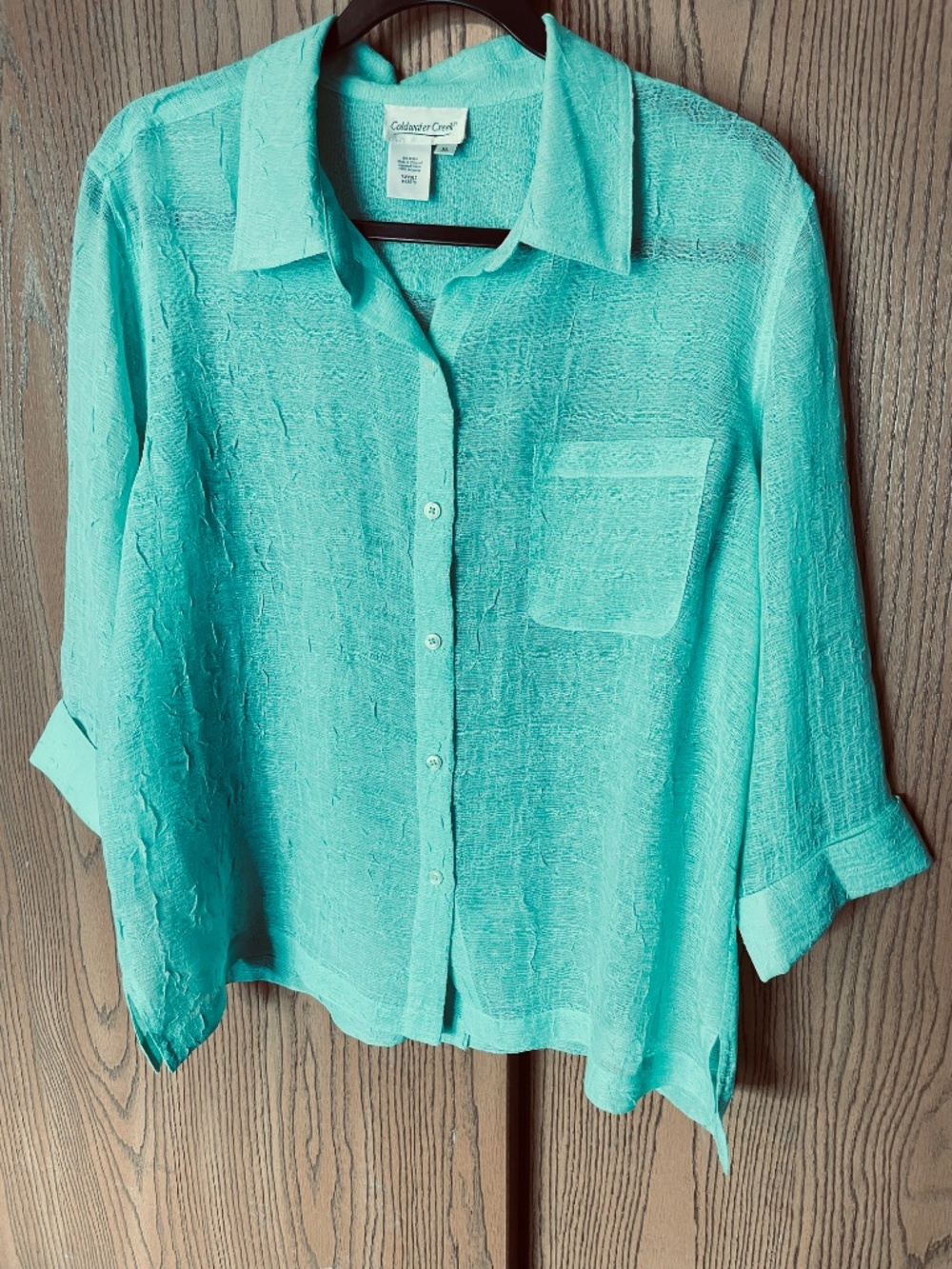 COLDWATER CREEK SEMI-SHEER XL BUTTON FRONT TOP SHIRT 3/4 SLEEVES TEAL - Picture 8 of 8